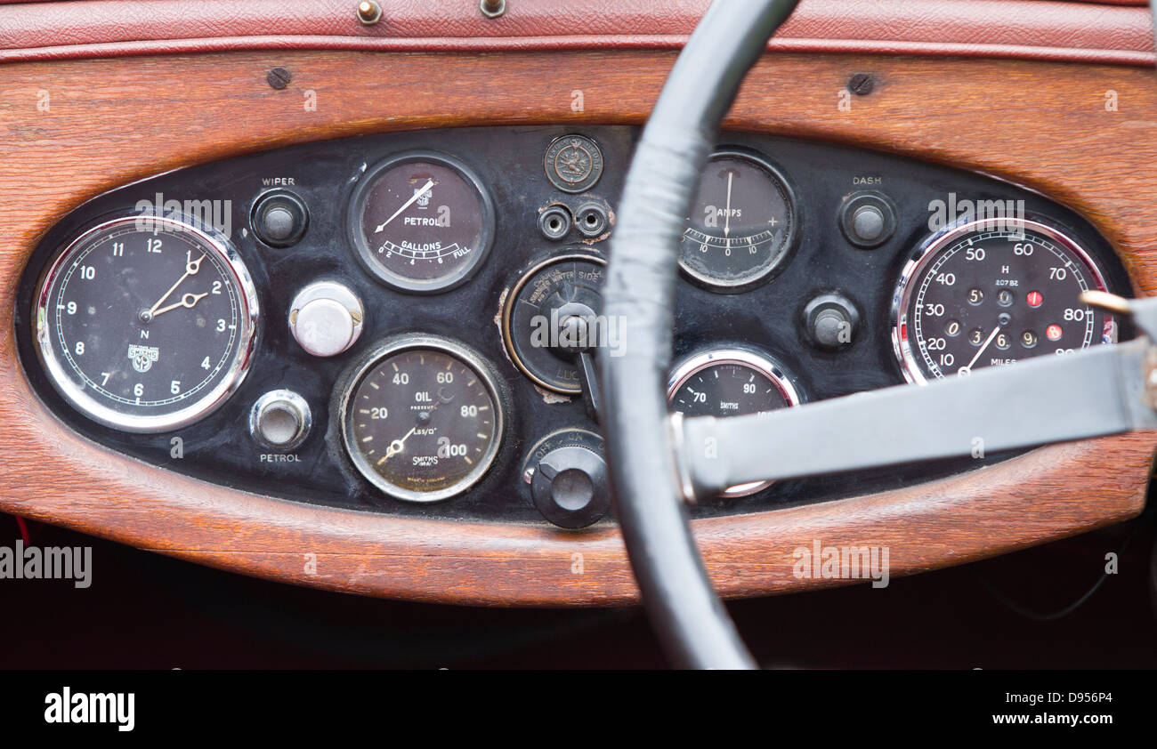 Tableau de bord de l'intérieur d'une voiture classique en photo à l'extérieur. Banque D'Images