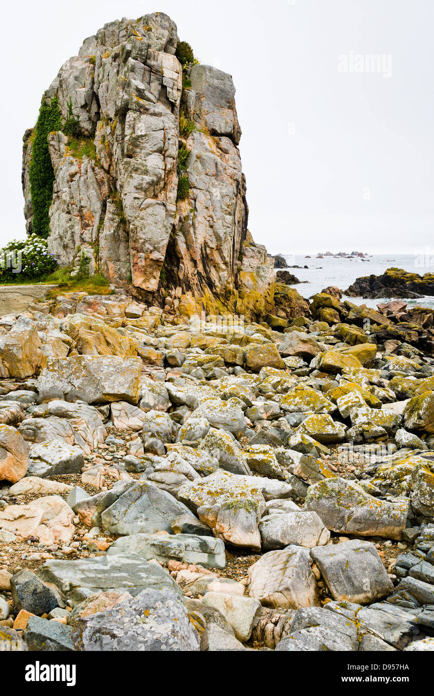 Ancienne roche de granit sur la côte de la Manche en Bretagne, France Banque D'Images