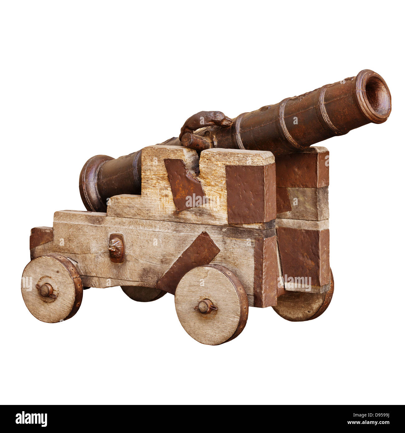 Canon d'artillerie médiévale sur un chariot en bois isolé sur fond blanc Banque D'Images