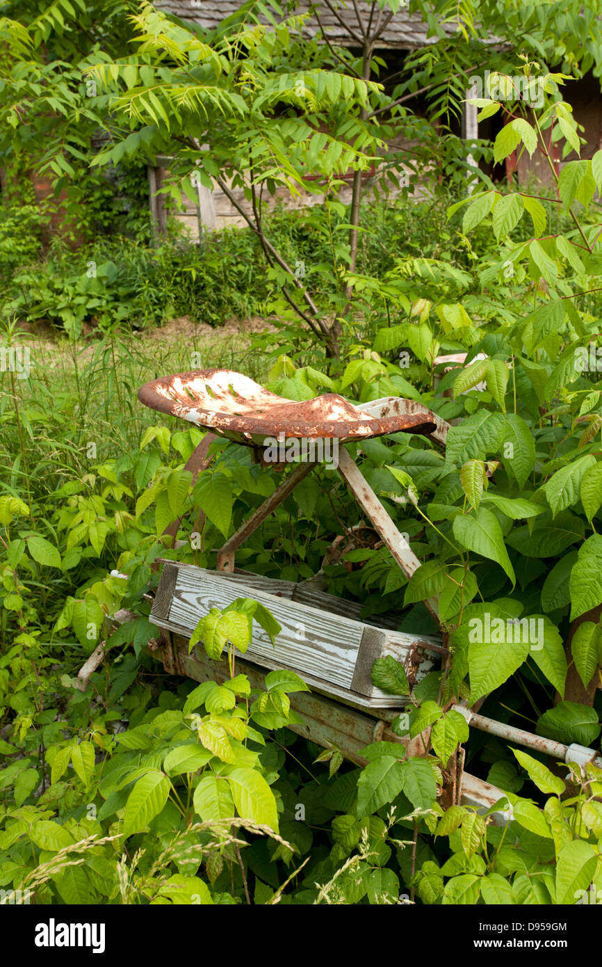 Ferme abandonnée et hay rake in Paint Creek State Park, Ohio. Banque D'Images