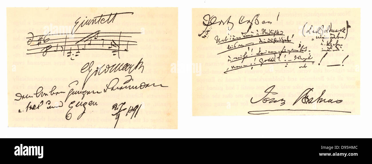 En face des entrées de pages de la Miller zu Aichholz livre d'enfants, 9 août 1891. Sur le côté gauche Carl Goldmark (1830-1915) a écrit thème d'ouverture de Sol majeur de Brahms String Quartet, le signer C. Goldmark. Droit de Johannes Brahms (1833-1897), a souligné exagérément ponctué et griffonné riposte début 'quitter la salle !". Banque D'Images