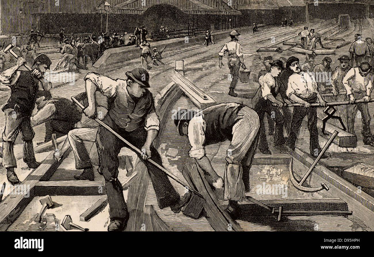 La fin de la Jauge large, 1892. Travaux en cours à la gare de Plymouth, Devonshire, à changer de voie large à l'écartement standard Banque D'Images La fin de la Jauge large, 1892. Travaux en cours à la gare de Plymouth, Devonshire, à changer de voie large à l'écartement standard Banque D'Images