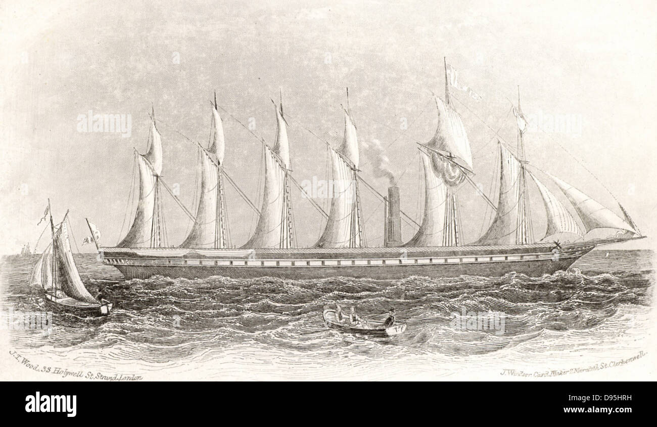 SS Great Britain c1843. Conçu par Sambaed Kingdom Brunel (1806-1859), elle fut construite pour l'échange de passagers transatlantiques. Dans l'événement, elle a fait la plupart de ses voyages sur l'Australien. Lancée le 19 juillet 1843, elle a été le premier navire océanique à avoir avec une hélice et un fer Hull. Ceci montre dans son état original avec six mâts. Banque D'Images