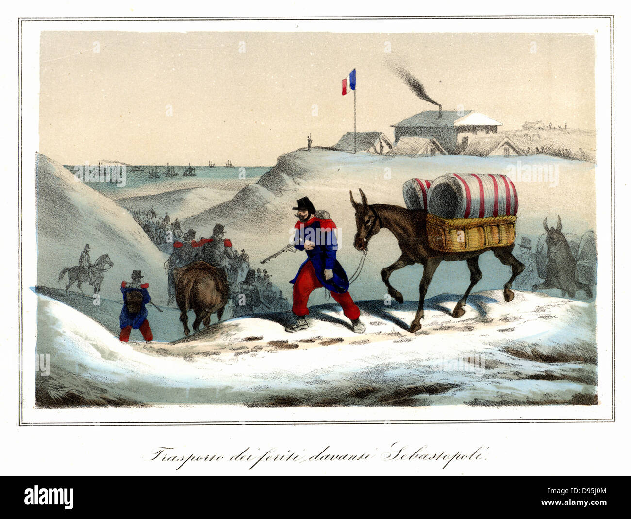 Guerre de Crimée (1853-1856) Guerre Russo Turkish : siège de Sébastopol, octobre 1854 à septembre 1855. Mule train français évacuant les blessés. Fini à la main italien lithographie c1857. Banque D'Images