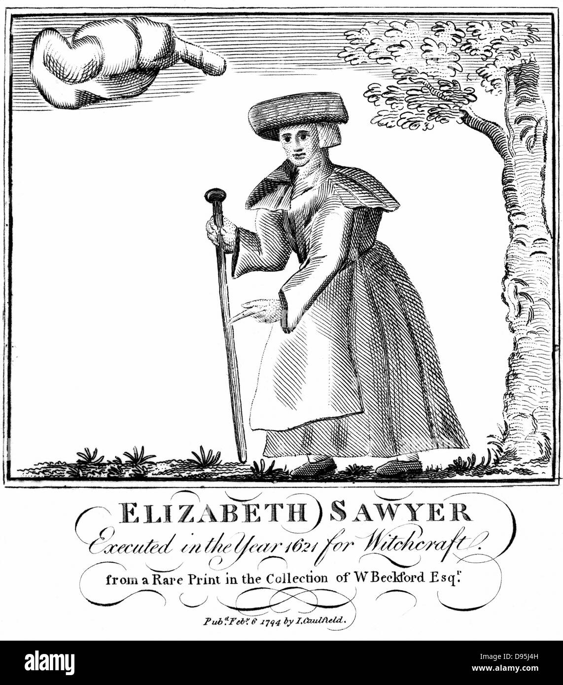 Elizabeth Sawyer, exécutée comme une sorcière en Angleterre 1621. Gravure Banque D'Images