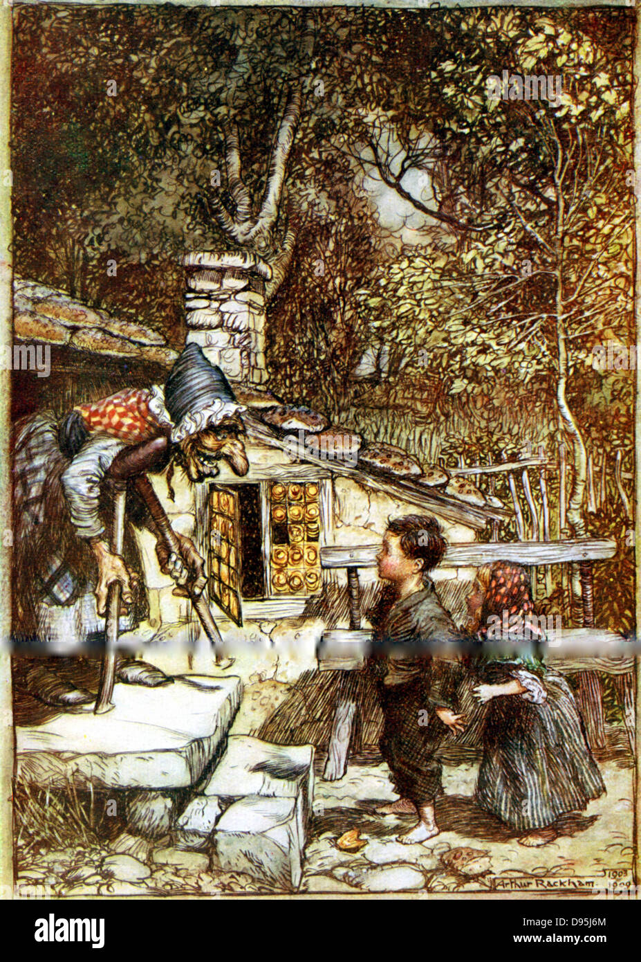 Hansel et Gretel et la sorcière à la porte de son chalet, montrant des tuiles d'épices. Arthur Rackham illustration publiée pour 1899 histoire de fées des frères Grimm. Banque D'Images