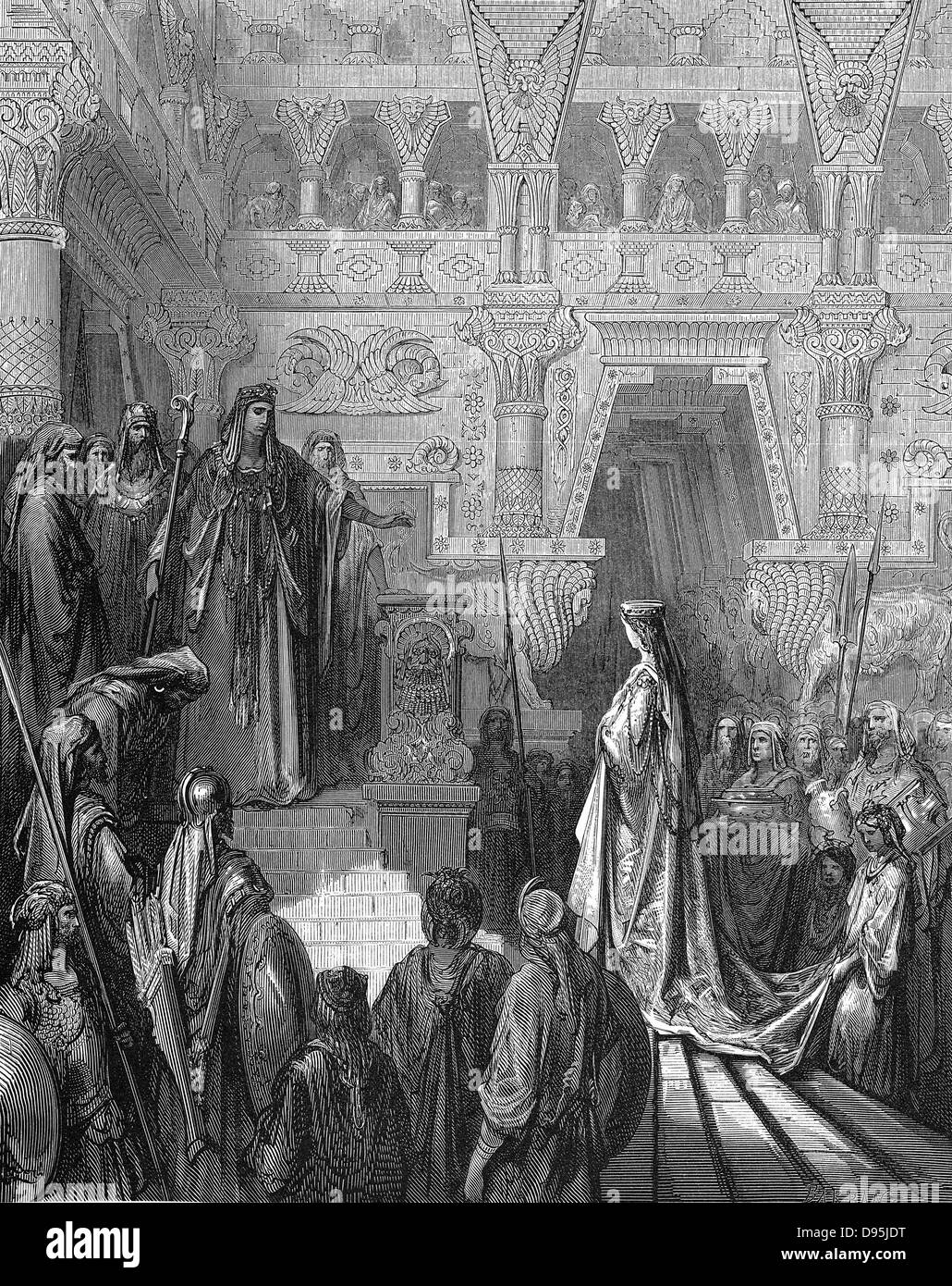 Le roi Salomon accueillir la Reine de Saba. I Rois 10:2. De Gustave Dore's illustrated "Bible" en 1865-1866. La gravure sur bois. Banque D'Images
