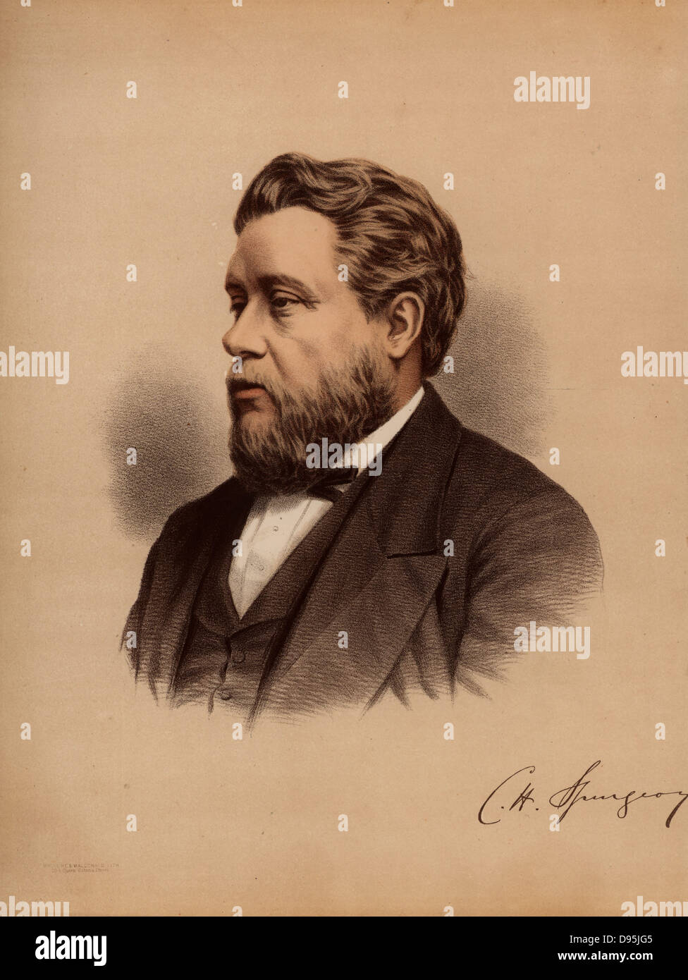 Charles Haddon Spurgeon (1834-1892), prédicateur baptiste populaires anglais né à Kelvedon, Essex. Appelé le Prince des prédicateurs, il a attiré plus de 10 000. Au moment de sa mort, il avait prêché 36 000 sermons. À partir de 'Le Musée du portrait moderne' (Londres, c1880). Lithographie teintée. Banque D'Images