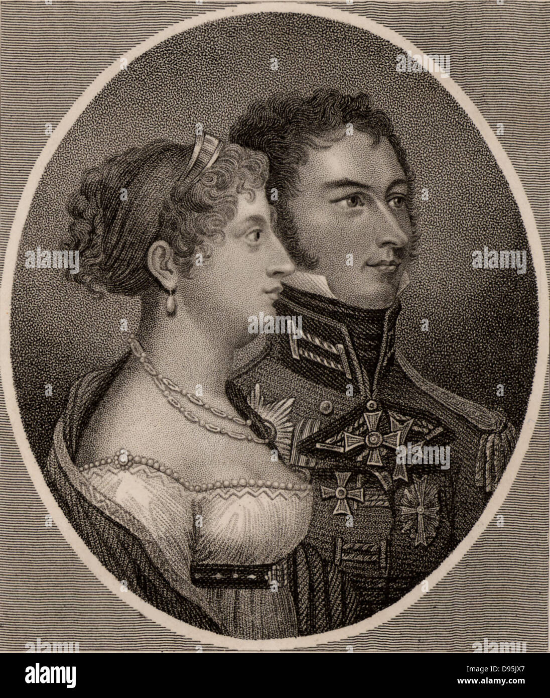 La princesse Charlotte de galles (1796-1817), de George IV de Grande-Bretagne et de Caroline de Brunswick, avec son mari Léopold de Saxe-Cobourg (1790-1865) plus tard, Léopold Ier de Belgique, qu'elle épousa en 1816. Héritière du trône et universellement populaire, elle est morte en couches en 1817. Gravure de crépi) 'histoire des guerres occasionnés par la Révolution française...' par CH Gifford (Londres, 1817). Banque D'Images