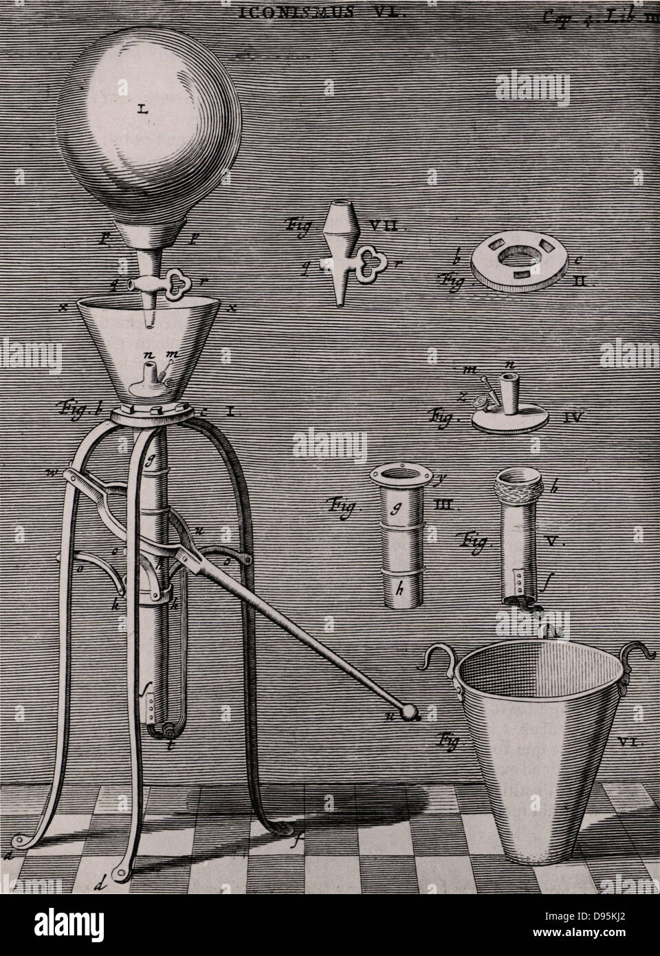 L'amélioration de l'Otto von Guericke sur Robert Boyle's pompe à air. À partir de 'Nova' expérimental par Otto von Guericke (Amsterdam, 1672). Gravure Banque D'Images