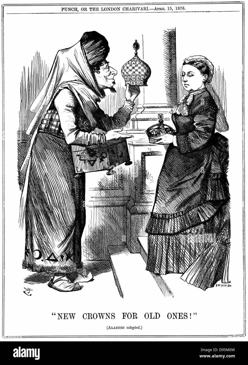 Benjamin Disraeli offrant l'état de l'Inde à la reine Victoria. Elle est proclamée impératrice des Indes sur l mai 1876. John Tenniel caricature de 'Punch' London 15 Avril 1876 Banque D'Images