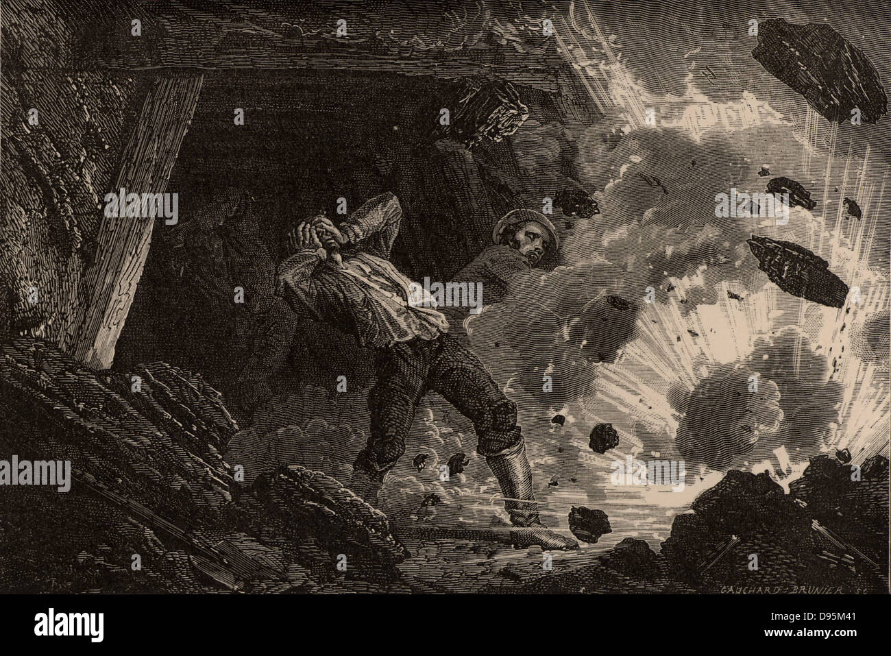 Explosion de méthane (grisou) dans une mine. À partir de 'Le Journal de la Jeunesse" (Paris 1885). La gravure sur bois. Banque D'Images Explosion de méthane (grisou) dans une mine. À partir de 'Le Journal de la Jeunesse" (Paris 1885). La gravure sur bois. Banque D'Images
