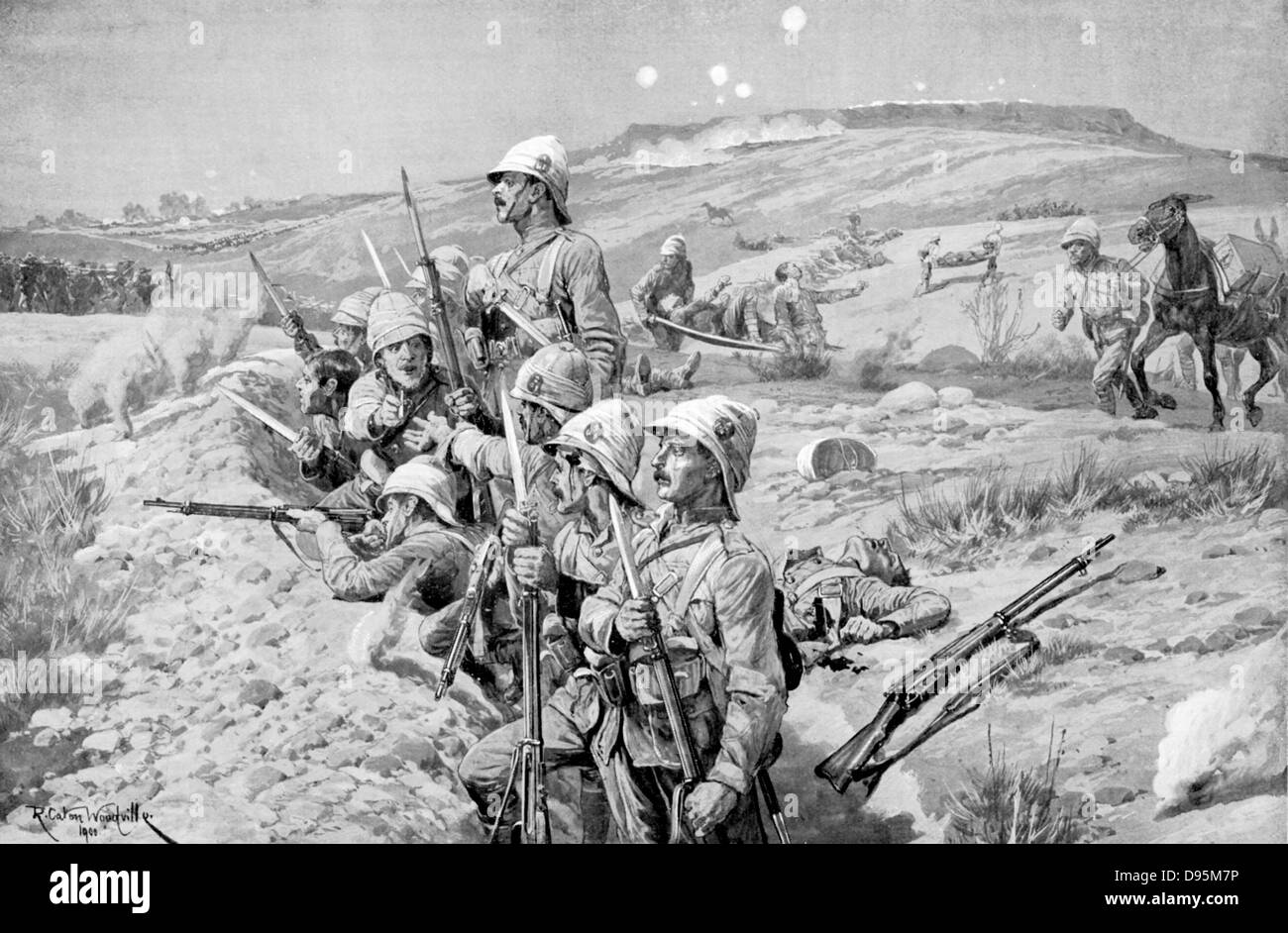 Guerre des Boers : Siège de Ladysmith par les Boers, 1 novembre 1899 - 28 Février 1900 : la défense des troupes britanniques dans les tranchées des baïonnettes de fixation en préparation pour repousser l'attaque. Banque D'Images