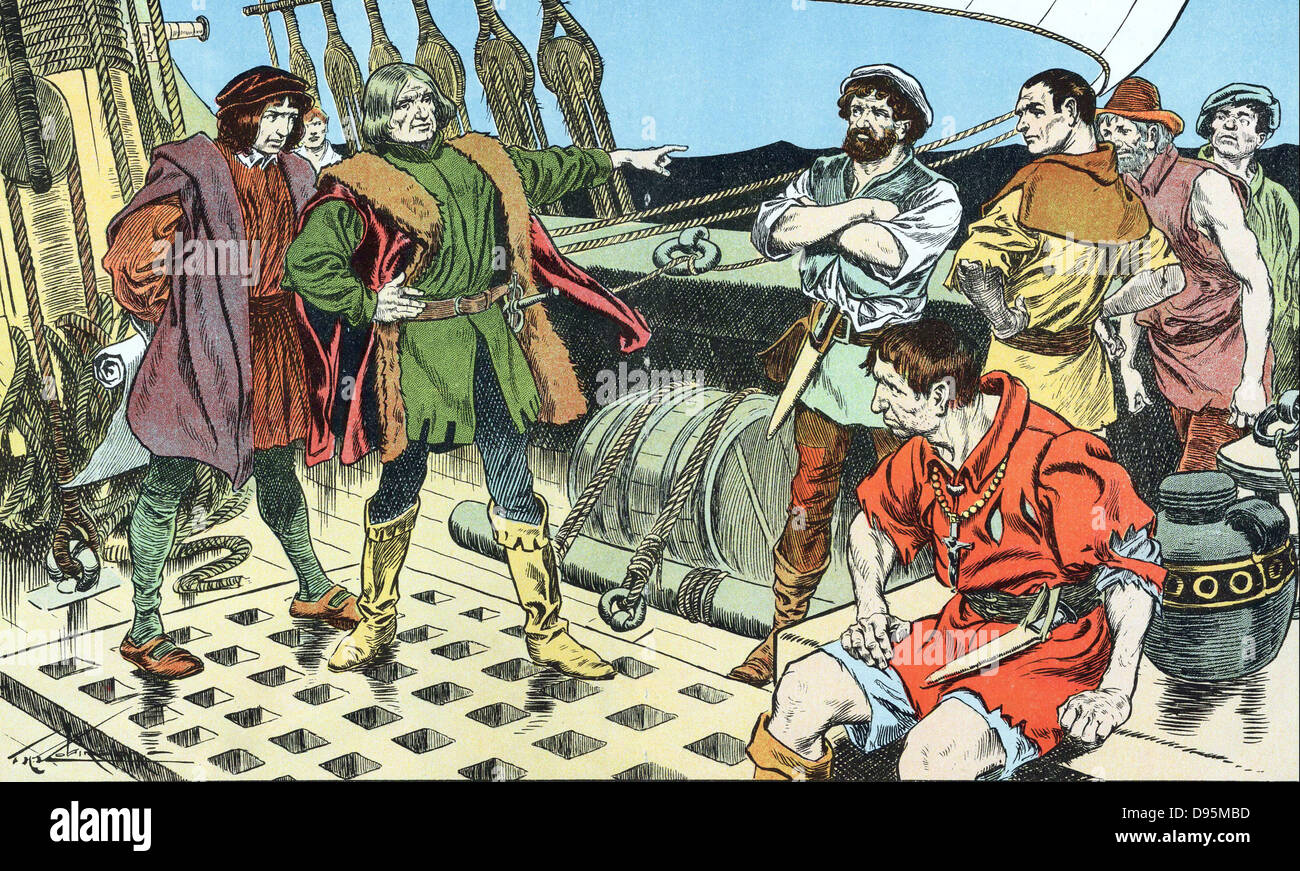 Christophe Colomb (1451-1506), navigateur génois face à la mutinerie sur son voyage en Amérique en 1492. Au début du xxe siècle. lithographie imprimée en couleur Banque D'Images Christophe Colomb (1451-1506), navigateur génois face à la mutinerie sur son voyage en Amérique en 1492. Au début du xxe siècle. lithographie imprimée en couleur Banque D'Images