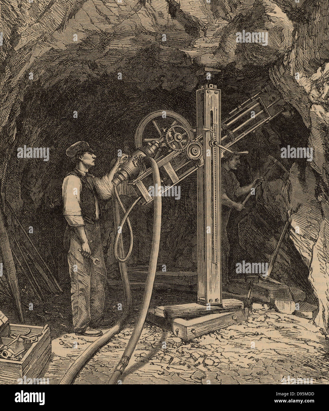 Machine de forage à diamant propulsé par air comprimé, inventé par l'ingénieur civil français Rudolph Leschot (1863) actifs utilisés pour ennuyer le Mont Cenis (Rejus) Rail tunnel reliant la France et l'Italie. Le forage a commencé en août 1857 et le tunnel ouvert pour le trafic ferroviaire en septembre 1871. À partir de "Le monde de merveilles" (Londres, c1896). Banque D'Images