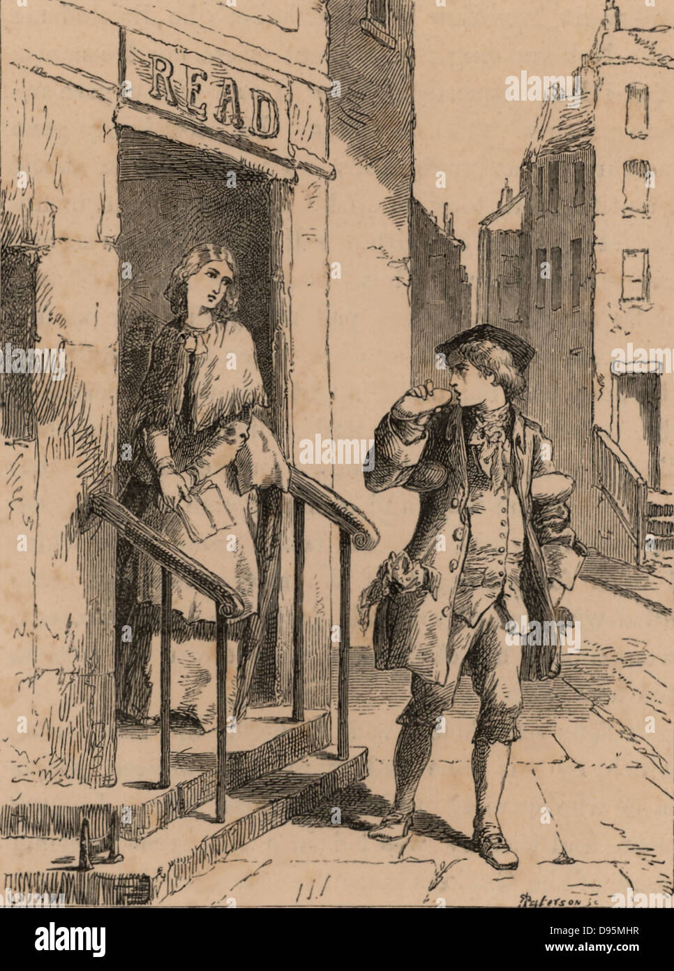 Benjamin Franklin (1706-1790), scientifique américain et homme d'état de l'imprimante. L'arrivée de Franklin à Philadelphie en 1723 et passant la porte de son futur beau-père et de voir Deborah Lire qui devait être sa femme. La gravure, Londres 1852. La gravure sur bois. Banque D'Images