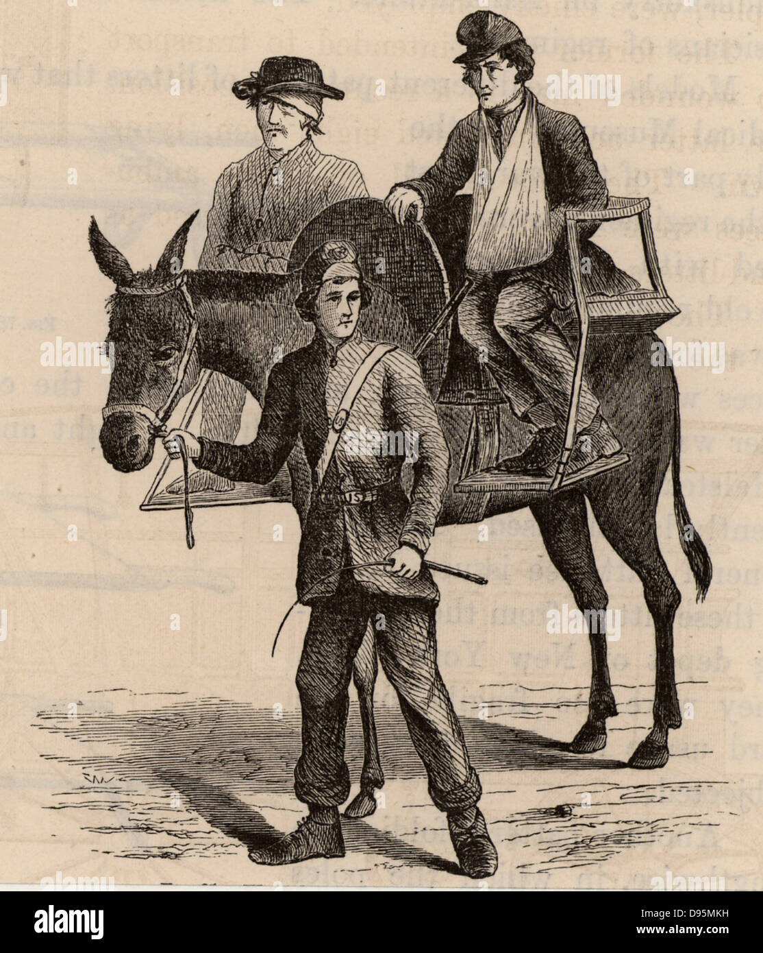 American Civil War 1861-1865. Victimes séance transportés par mule en cacolets (chaises). La gravure sur bois de 1865. Banque D'Images