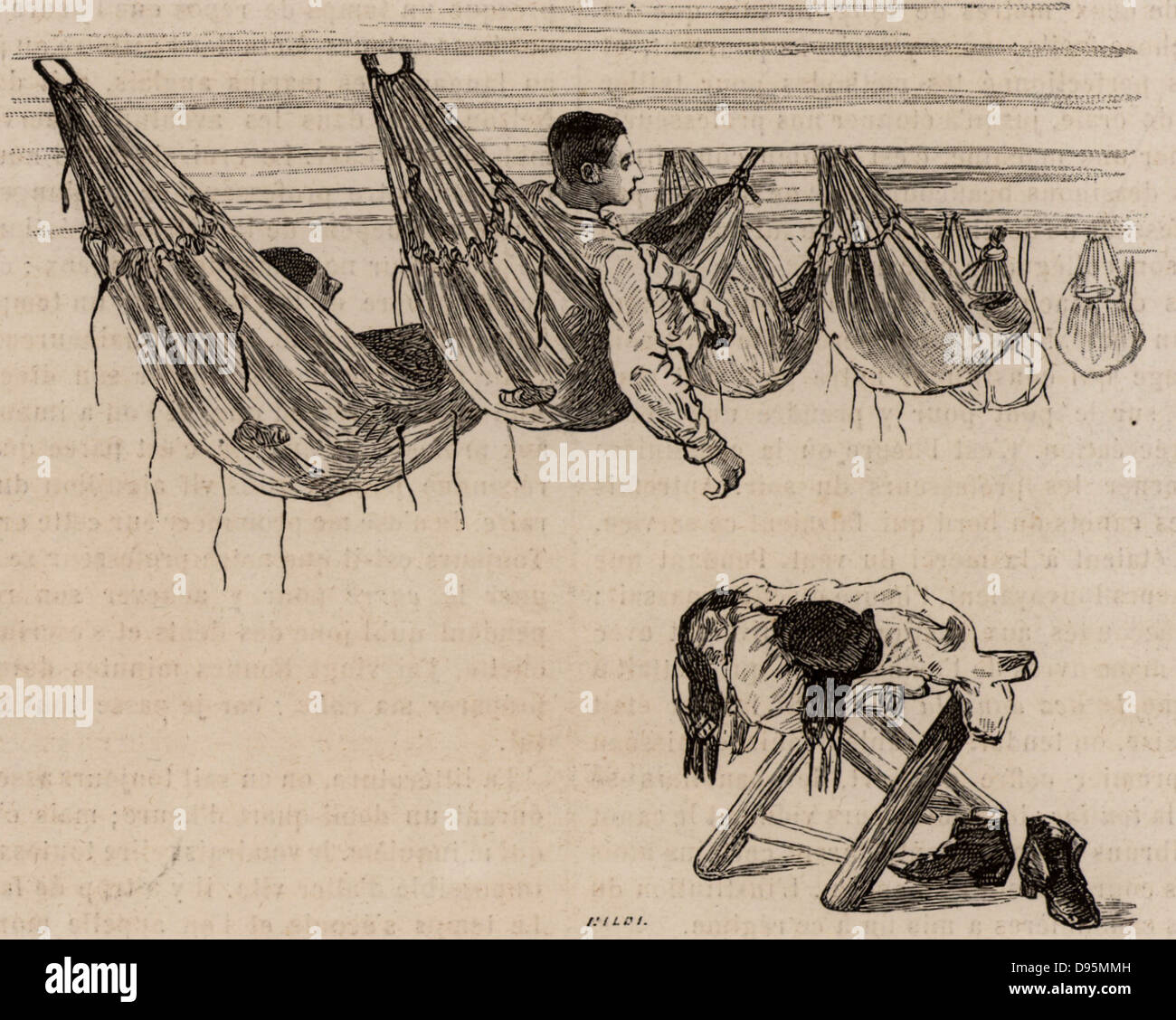 Cadets à l'Ecole navale, l'Académie Navale Française dans leurs hamacs dans lesquels ils dormaient. À partir de 'Le Journal de la Jeunesse" (Paris, c1870). La gravure. Banque D'Images