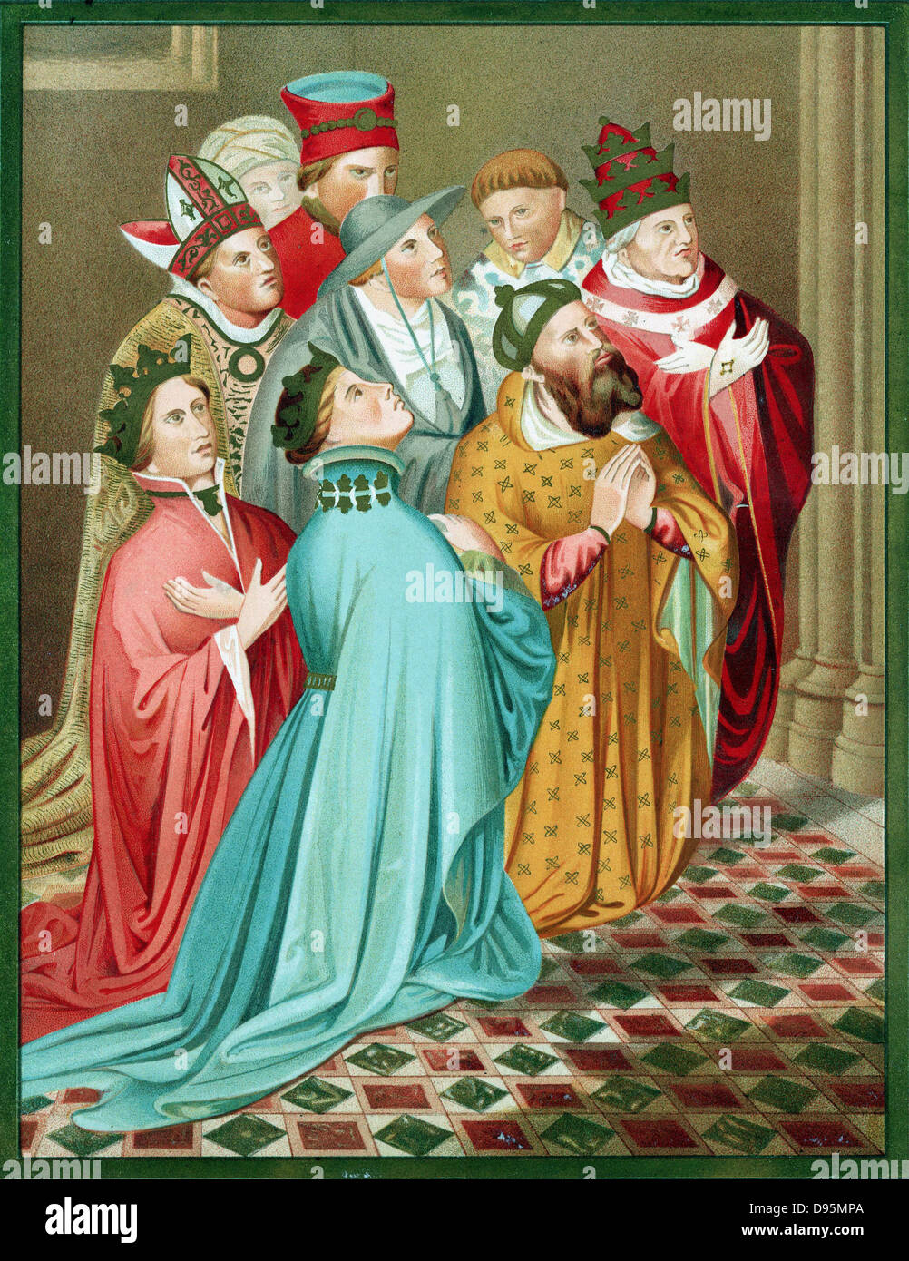 Ferdinand I d'Aragon et la reine, avec Sigismond (1368-1437) Le Saint Empereur romain à partir de 1433 et le Pape Martin V (1368-1431) au moment de concile de Constance 1417. Chromolithographie après 'Carderera Iconografia Espanola' Banque D'Images