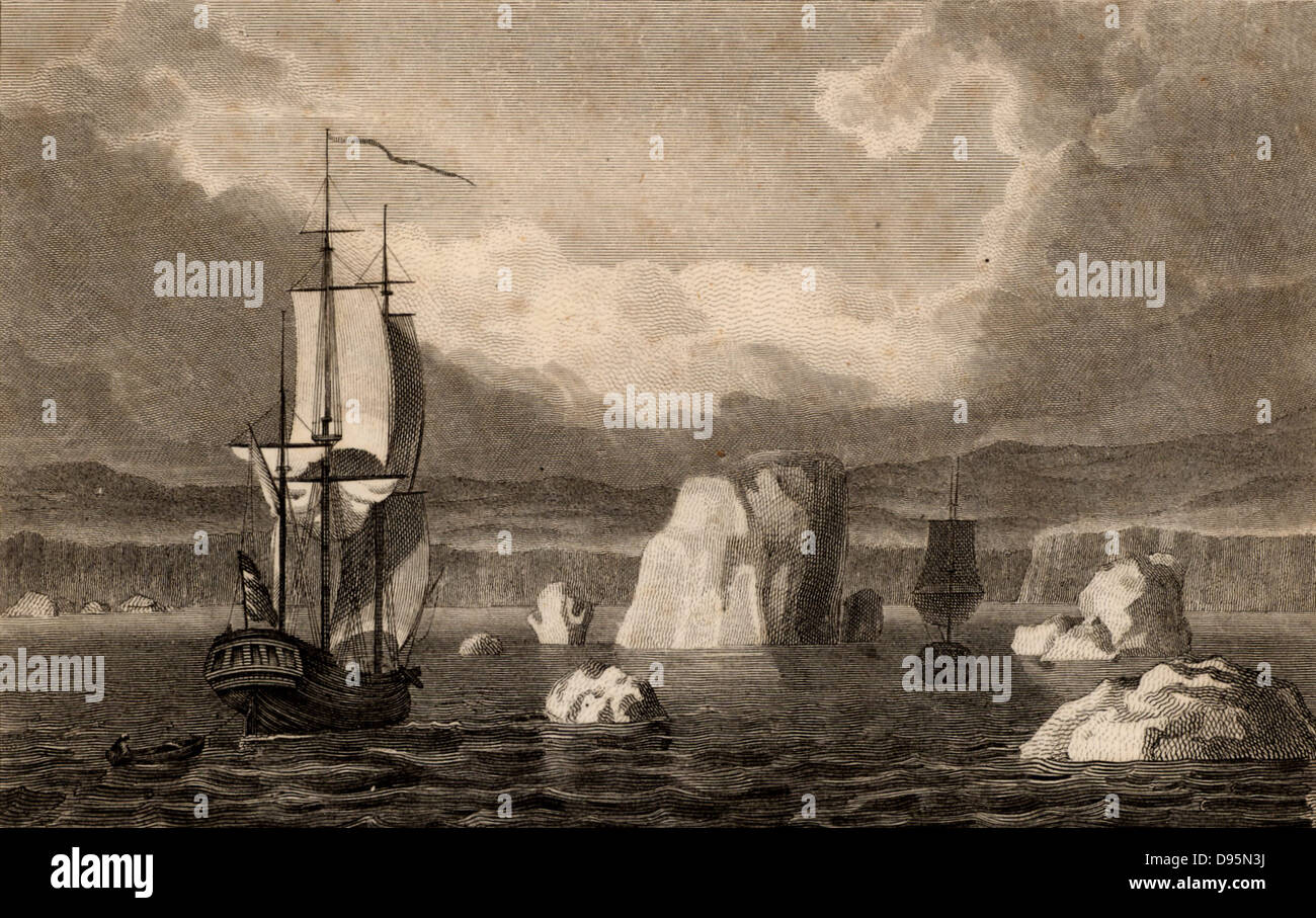 Navires à voile parmi les icebergs dans le cercle arctique. Gravure tirée de 'La Tribune de la nature et l'Art" par le révérend Edward Polehampton (Londres, 1815). Banque D'Images