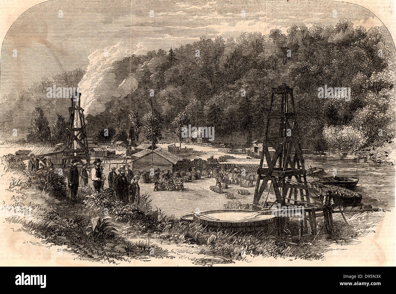 À Oil Springs, Tarr Farm Oil Creek, Venango Comté, Pennsylvania, USA. Gravure tirée de 'l'Illustrated London News' (Londres, 8 novembre 1862). Le carburant. D'hydrocarbures. Banque D'Images