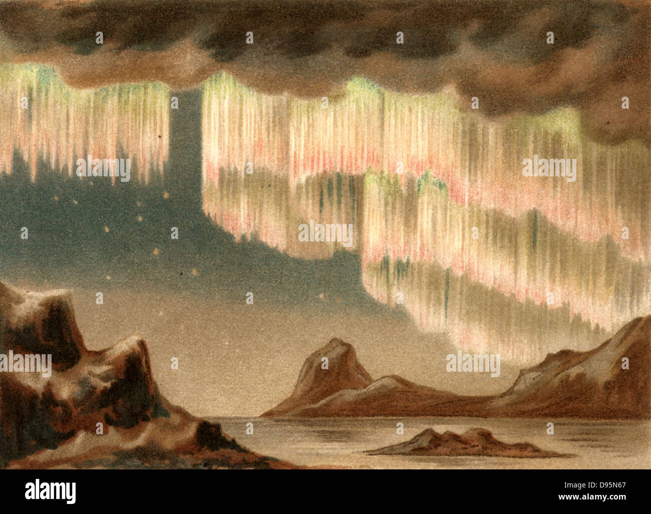 Aurora Borealis ou Northern Lights. Aurora rideau observé depuis le Groenland, 6 janvier 1861. Causés par les particules à haute vitesse éjectées du Soleil, ils sont le plus fréquemment observées au cours des périodes d'un maximum de taches solaires. À partir de 'ie' par Naturkrafte M Wilhelm Meyer (Leipzig, 1903). Chromolithographie. Banque D'Images