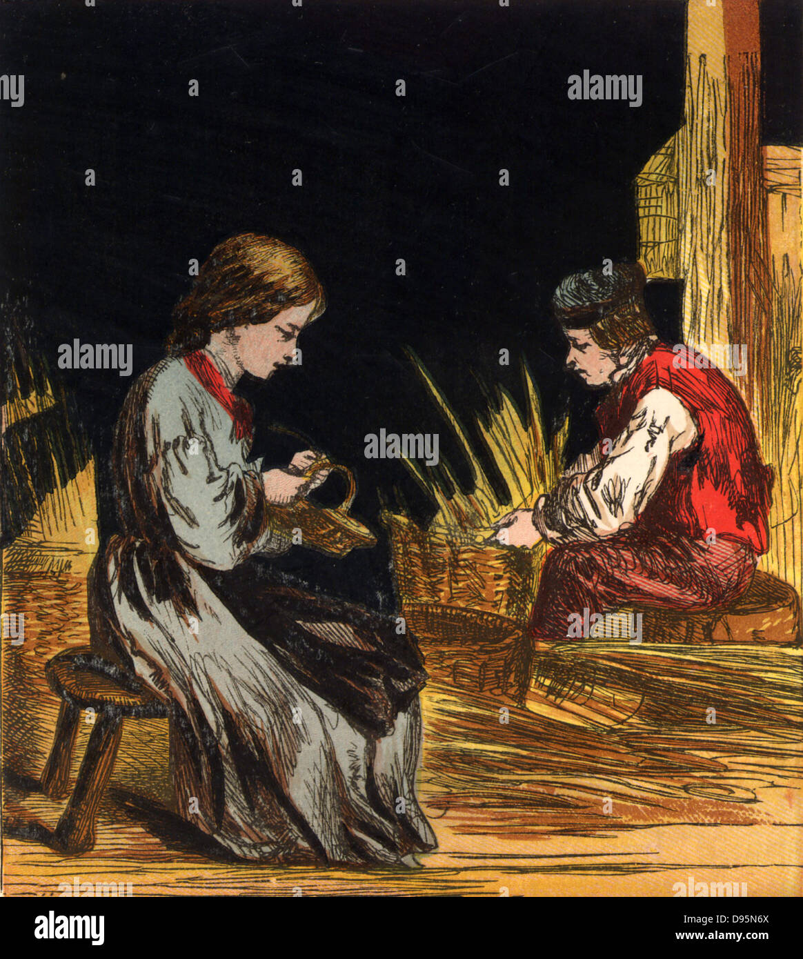 Blind vannier et sa fille. La vannerie est l'un des métiers traditionnels pour les personnes sans vue. Chromolithographie à partir d'un livre pour enfants publié à Londres, 1867. Banque D'Images