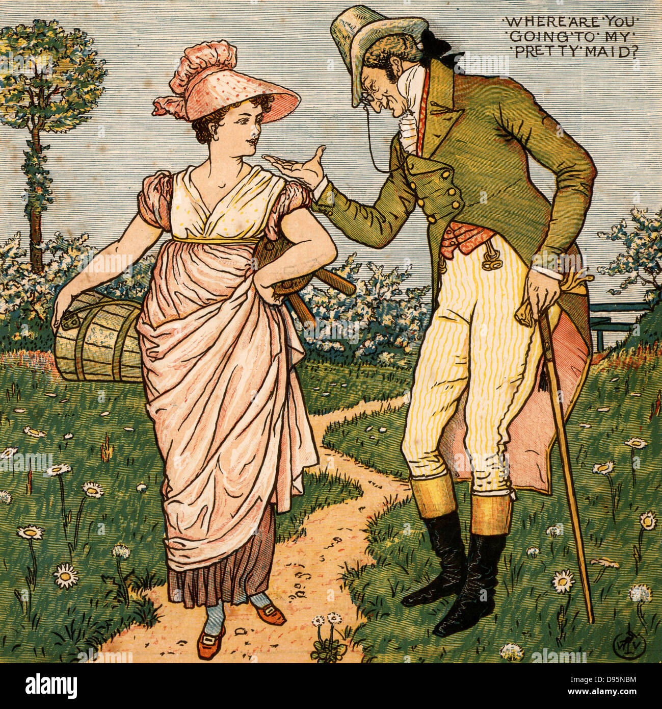 Où allez-vous mon pretty maid ?/je vais un Sir de traite-t-elle dit. Illustration par l'artiste anglais Walter Crane (1845-1915) pour un livre de comptines "une chanson de Sixpence" (Londres, 1866). Imprimé en couleur de la gravure sur bois. Banque D'Images