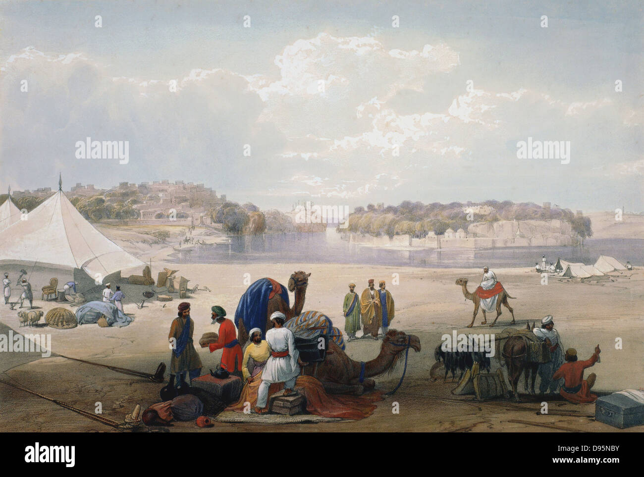Première Guerre Anglo-afghane 1838-1842. En vertu de l'armée britannique canvas sur Roree sur l'Indus. De J Atkinson 'Sketchs en Afghanistan' Londres 1842. Lithographie en couleur à la main. Banque D'Images