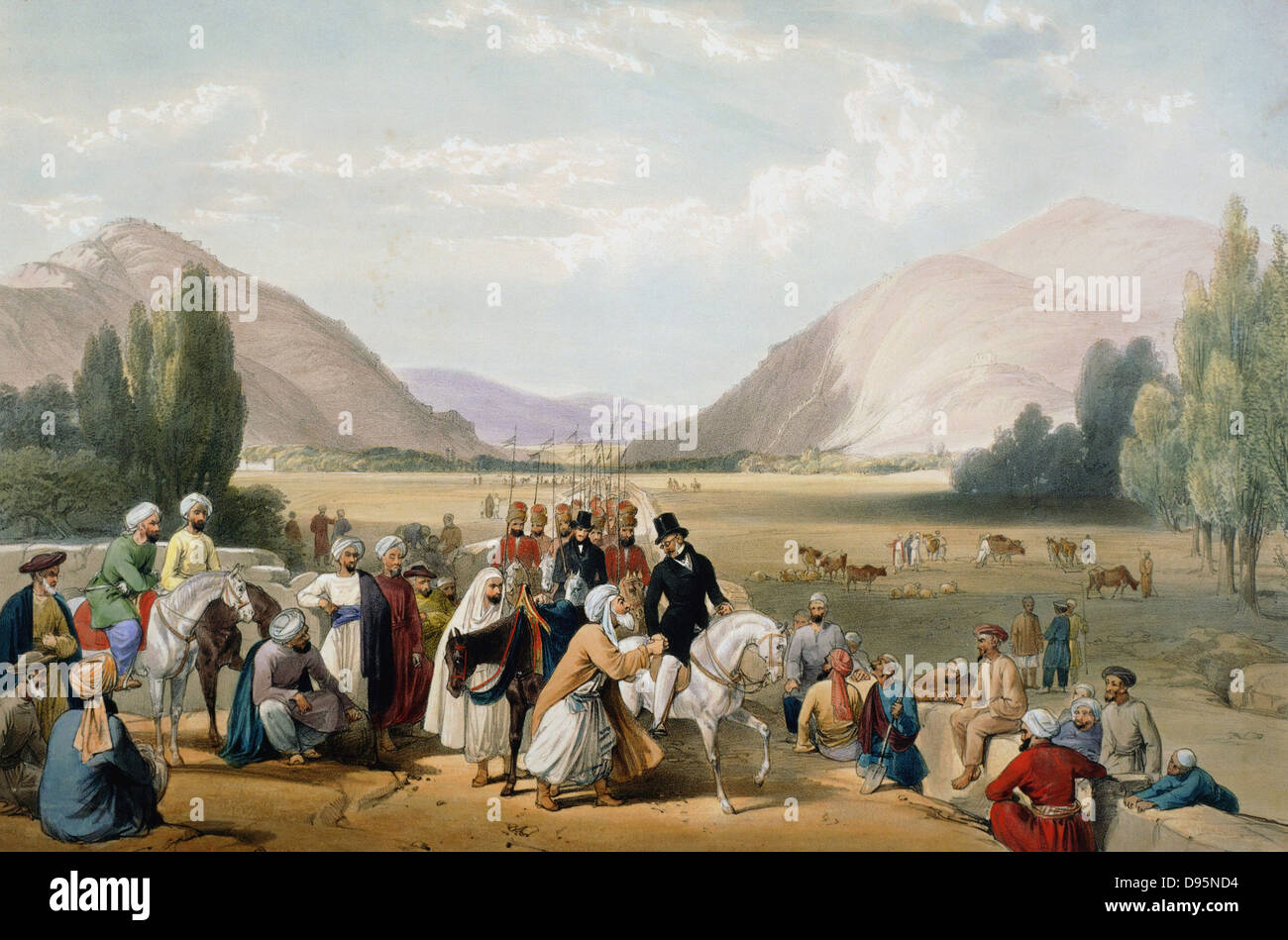 Première Guerre Anglo-afghane 1838-42 : Dost Mohammed Khan se rendre à William MacNaghten (1793-1841) de prendre son temps dans ce matin Cabul (Kaboul). MacNaghten a tourné par une une 23 décembre 1841. De J Atkinson 'Sketchs en Afghanistan' Londres 1842. Lithographie en couleur à la main. Banque D'Images