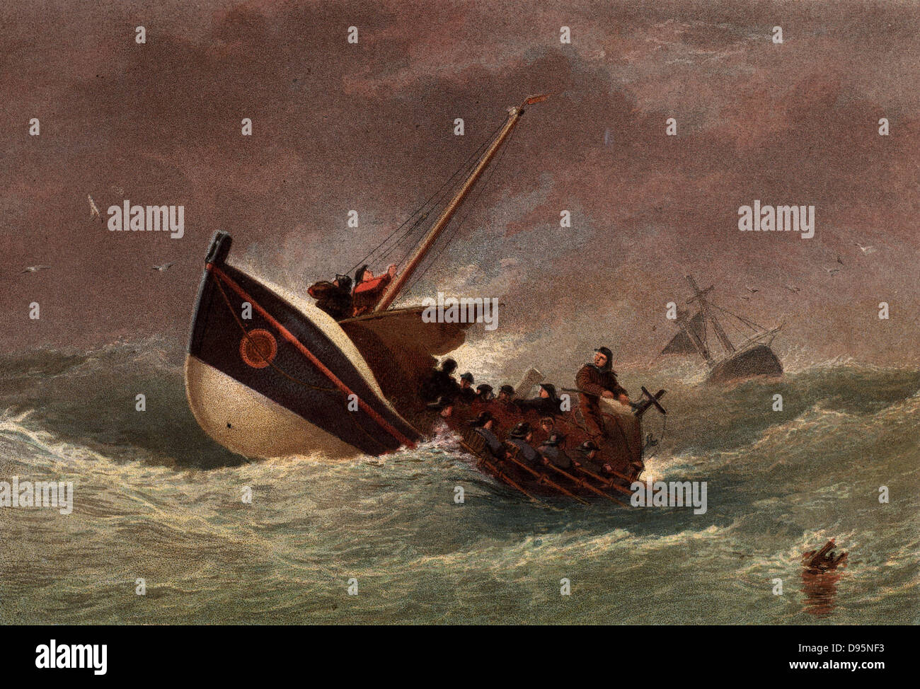 La livrée de sauvetage de la Royal National Lifeboat Institution dans une mer formée de retour d'une mission de sauvetage. Fondée en 1824 par William Hillary (1771-1847) comme l'Organisme national pour la préservation de la vie de shipwreck' l'organisation est toujours responsable du service de sauvetage autour de la côte britannique et de ses fonds par des contributions volontaires. Kronheim chromolithographie publié à Londres, 1864. Banque D'Images