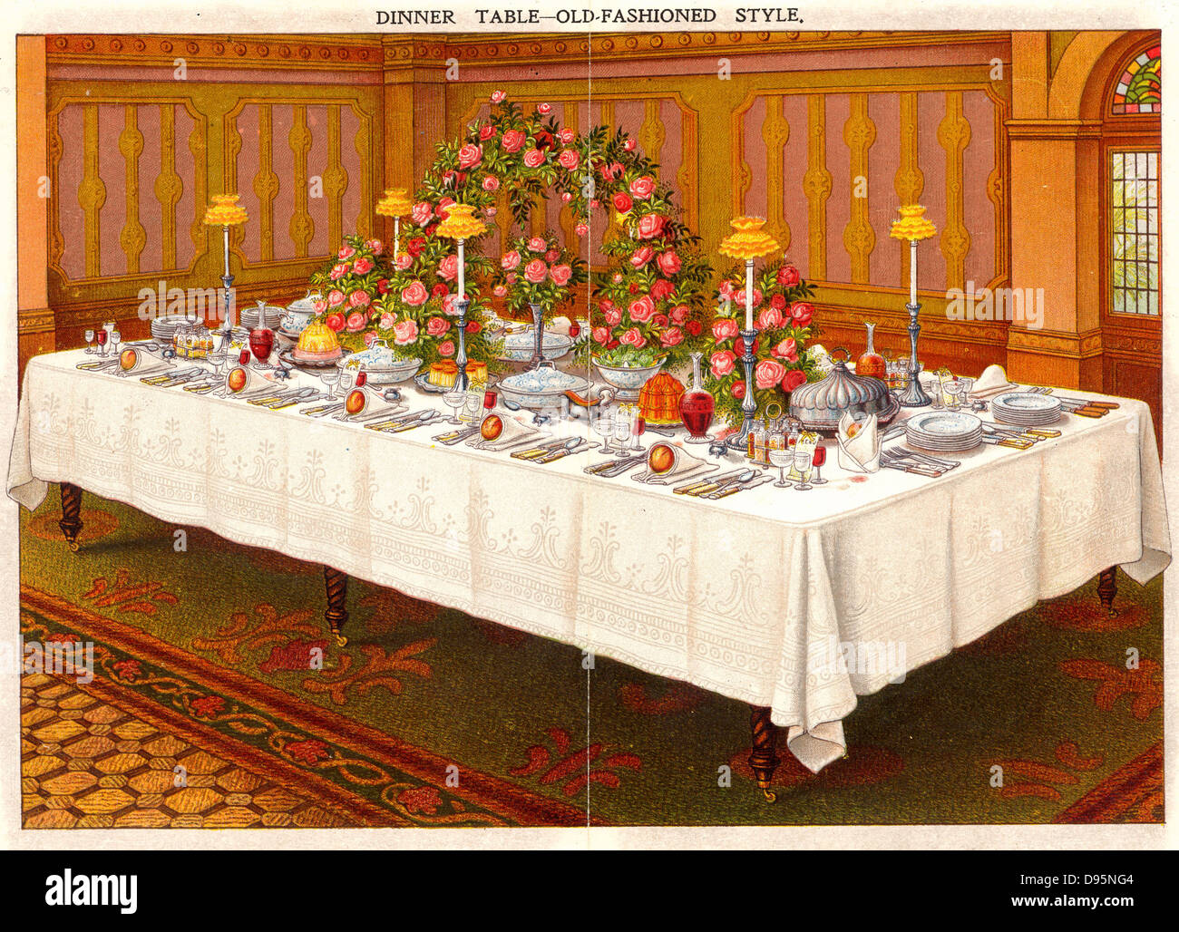 Le tableau recouvert d'un tissu en lin et définie pour un dîner officiel parti. Fournir de la lumière des bougies à l'ombre. Oleograph à partir de la 'Gestion du ménage' par Isabella Beeton (Londres, 1906). Banque D'Images