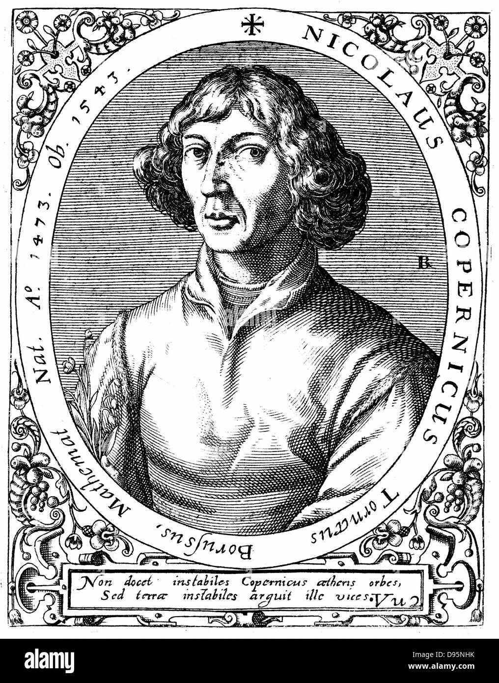 Nicolas Copernic (1473-1543) astronome polonais qui en 1543 publié 'De revolutionibus orbium coelestium" dans laquelle il a présenté une preuve d'un soleil (héliocentrique) centrée sur l'univers. La gravure sur cuivre par de Bry, 1645. Banque D'Images