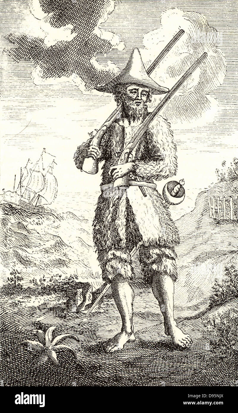 Robinson Crusoé, pieds nus et vêtus de peaux de chèvre, qui est représenté sur l'île où il a passé de nombreuses années après son naufrage. Frontispice de la première édition de 'La vie et l'étrange aventures surprenantes de Robinson Crusoé" de Daniel Defoe (Londres, 1719). Banque D'Images