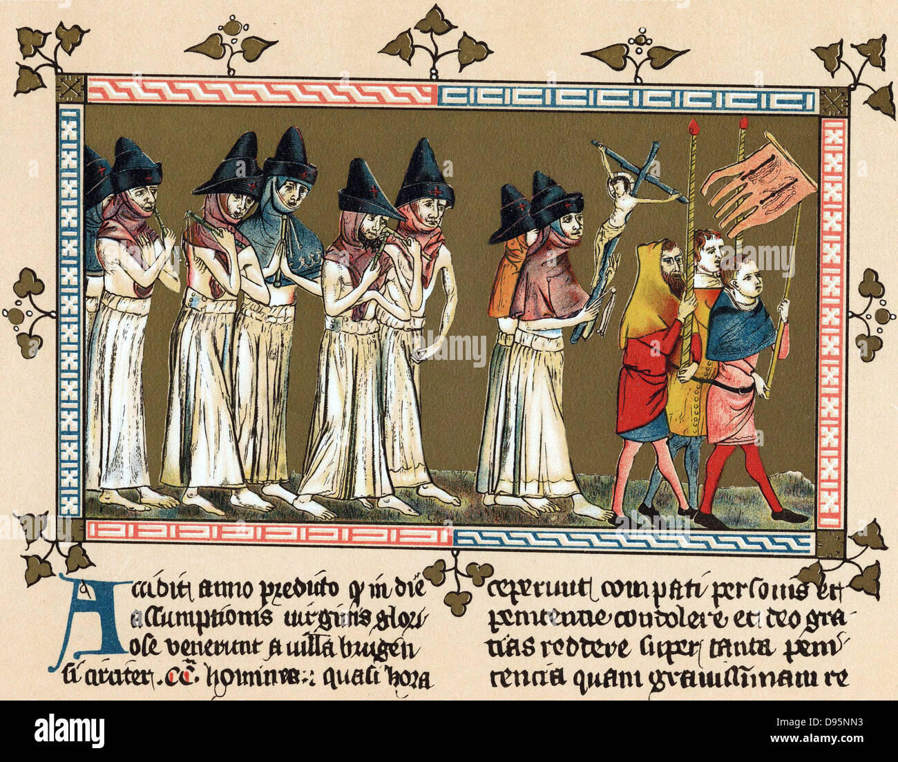 Flagellants ou frères de la croix en Pays-bas Ville de Tournai 1349 flagellation eux-mêmes comme ils marchent à travers des rues afin de monde libre à partir de la mort noire (la peste bubonique). Chromolithographie après "Chronica Aegidii Muisius Li'. Banque D'Images