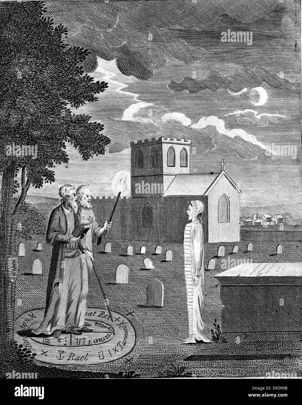 Edward Kelly (Kelley) gauche (1575) active English astrologue et alchimiste avec son assistant sensibilisation esprit dans l'église. La gravure sur cuivre c1790. Banque D'Images