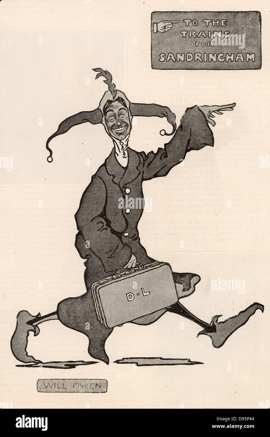Dan Leno (1860-1904) Né George Wild Galvin. Comédien populaire anglais cockney et pantomime dame. Leno sur sa façon de Sandringham pour donner un royal command performance d'Édouard VII. Caricature d'Owen (1869-1857) publié le 4 décembre 1901. Banque D'Images