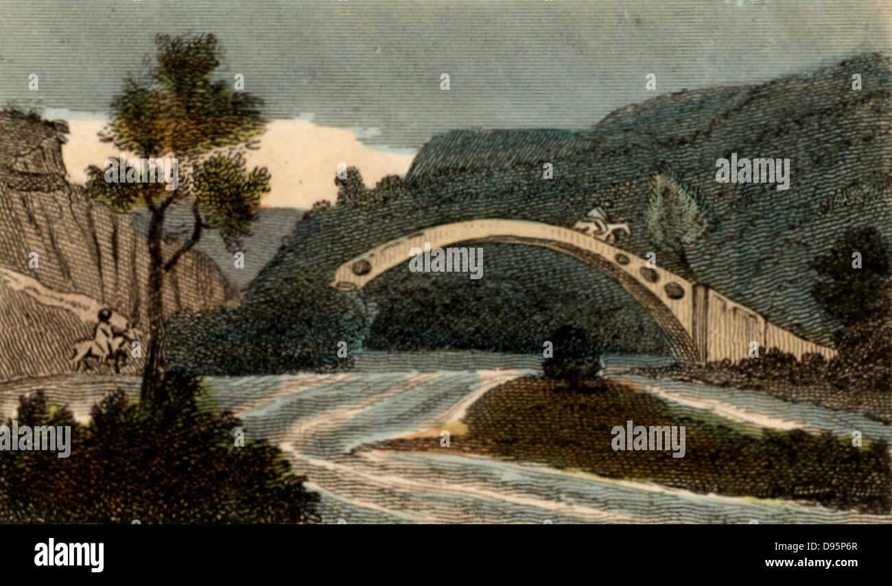 Pont sur la rivière Taff à Pontypridd, Pays de Galles, construit par William Edwards à sa troisième tentative en 1755. Un pont avec une travée de 140 ft (42.672m) 35 pi (10,558 m) de haut. Le premier pont a été détruit par les inondations. La deuxième vu à cause de son poids. Le poids a été réduit dans le troisième pont par les trous de chaque côté. À partir de scènes en Angleterre' par le révérend Isaac Taylor, Londres, 1822. La main, la gravure. Banque D'Images
