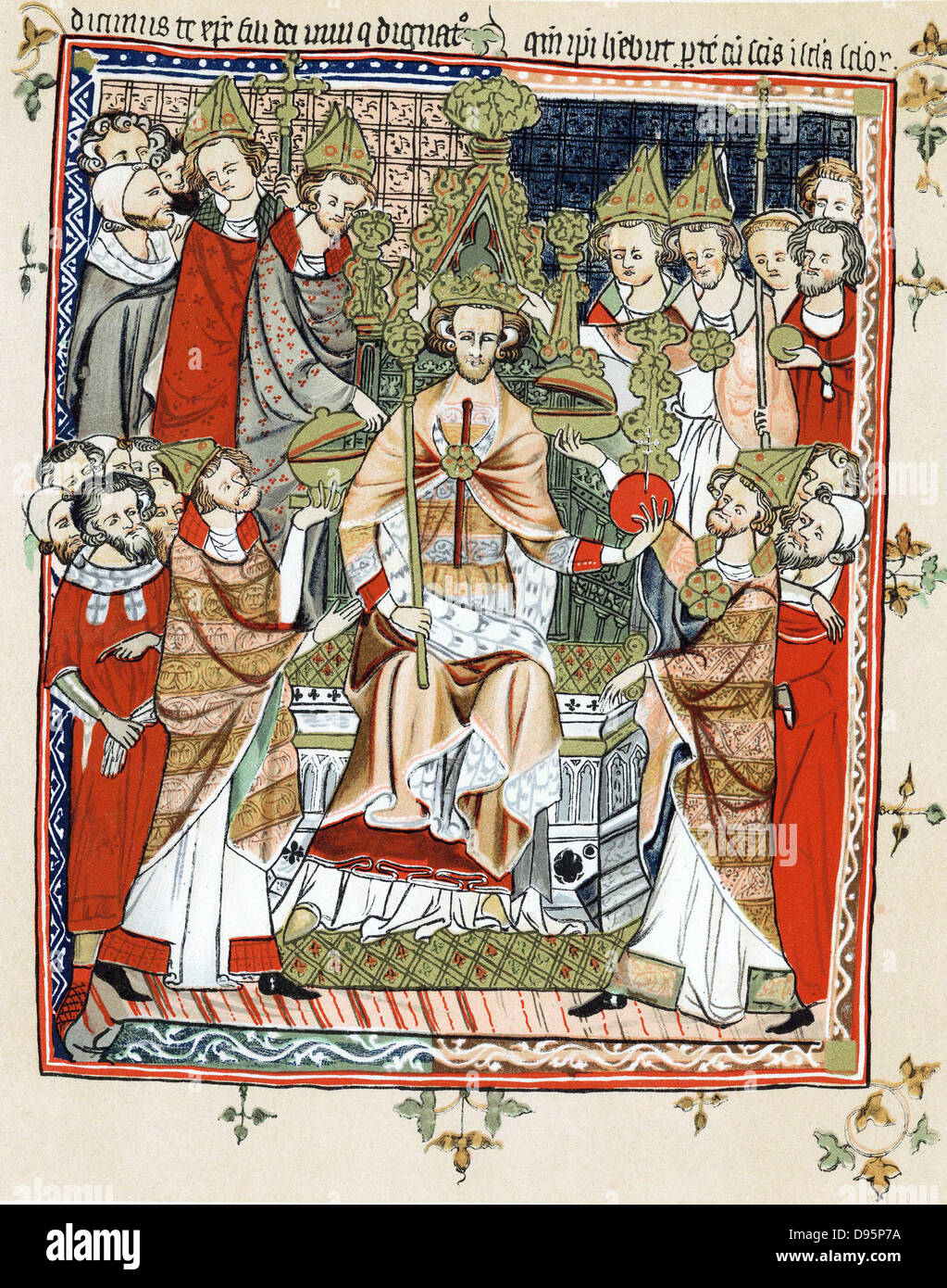 Couronnement et onction d'un roi, d'une "vie" d'Édouard le Confesseur (d1066) de c1245. Probablement Portrait de Henri III d'Angleterre 1216 couronné à Gloucester et 1220 à Westminster. Chromolithographie après manuscrit médiéval. Banque D'Images