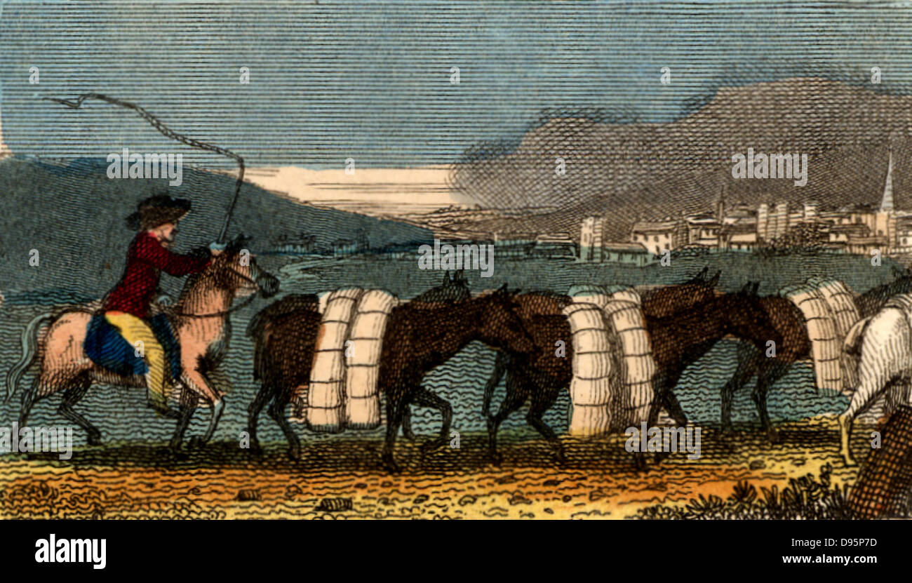 Un train de chevaux transportant les boulons (longueurs) de vente de laine dans la Halle, Leeds. À cette date, un grand nombre de pièces auraient été produites par les tisserands travaillant sur métiers à main dans leur chalet. À partir de scènes en Angleterre' par le révérend Isaac Taylor, Londres, 1822. La main, la gravure. Banque D'Images