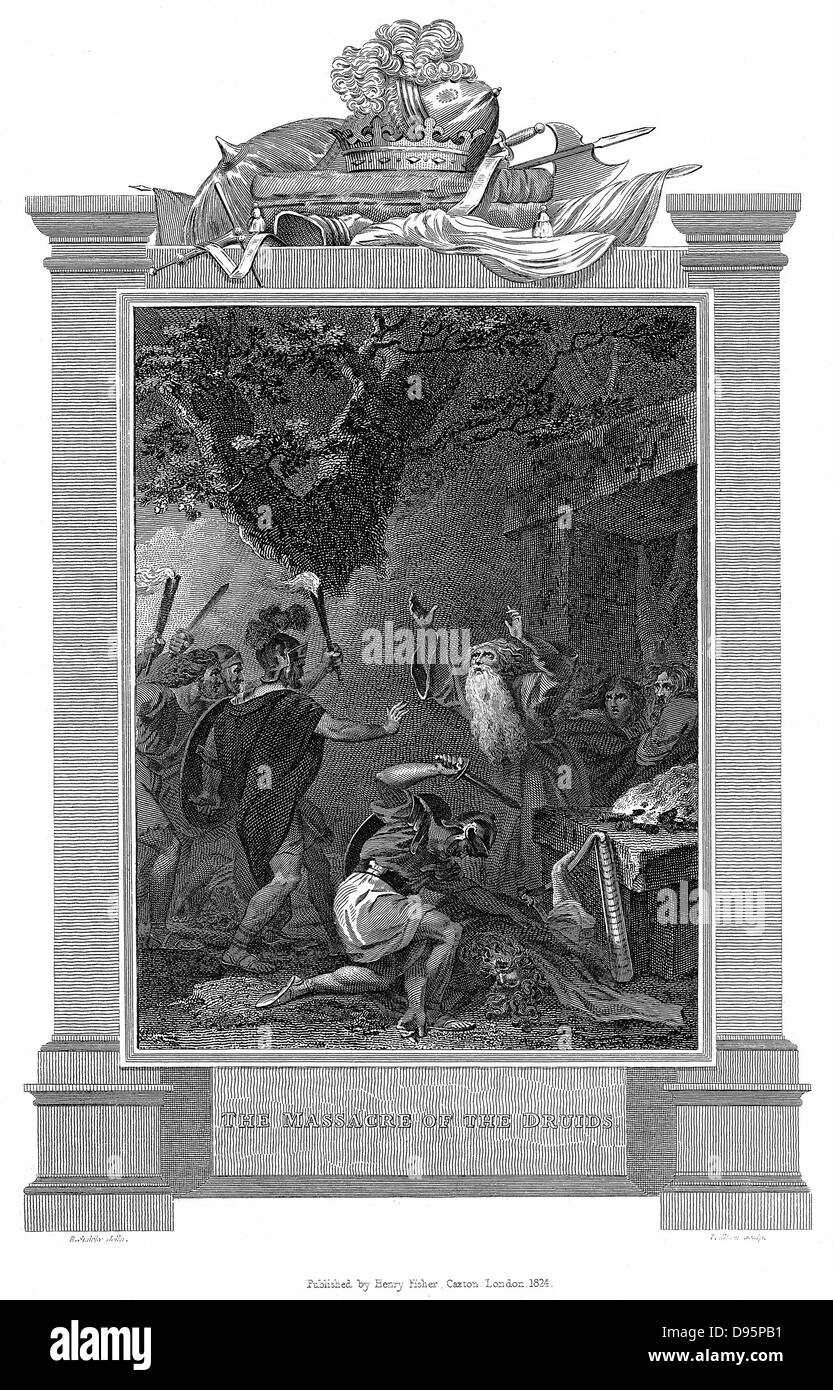 Les druides en Angleterre massacrés par les Romains c50 AD. Les druides étaient des prêtres, des enseignants et des juges de peuples celtiques. Gravure c1820 Banque D'Images