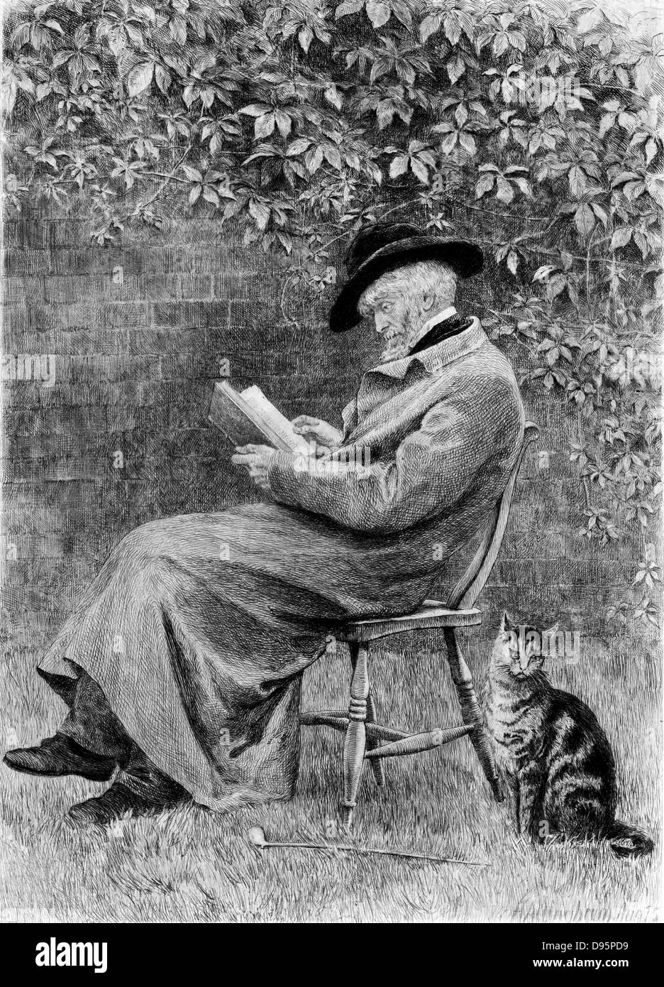 Thomas Carlyle (1795-1881) origine écossaise, historien et essayiste britannique lecture dans son jardin à Chelsea, Londres. Après peinture gravure par Helen Allingham. Banque D'Images