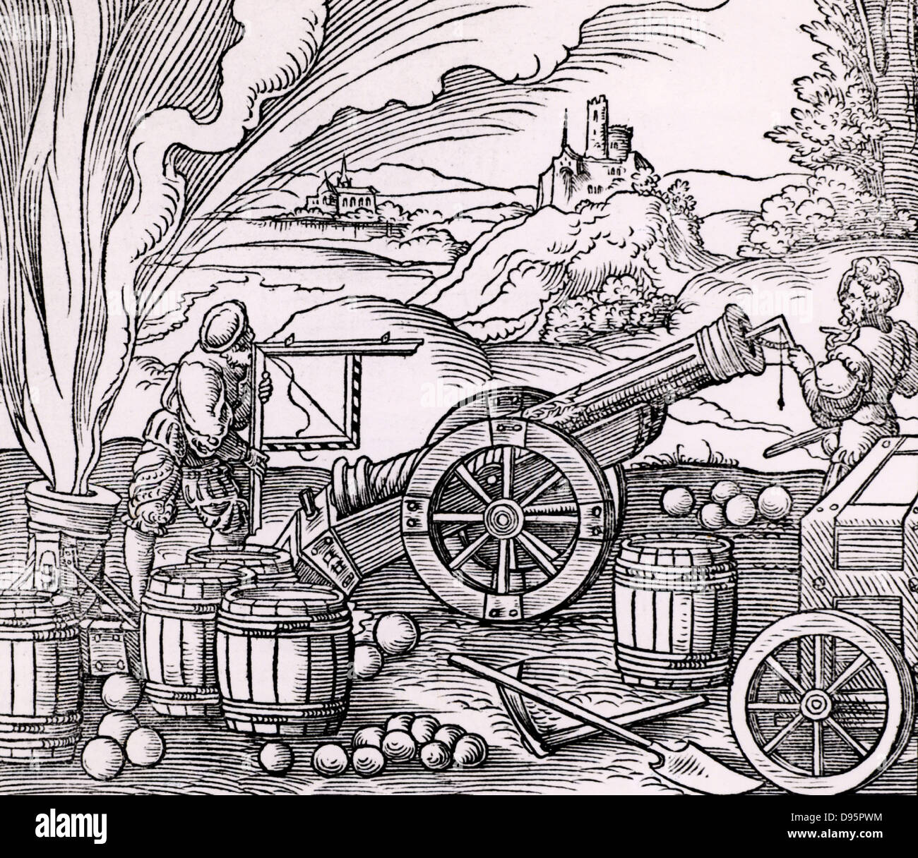 Gunners calcul l'altitude d'une pièce d'artillerie à l'aide d'un clinomètre et marqués d'un quadrant des échelles d'ombre. Autour d'eux sont des barils de poudre, boulets de différentes tailles. Sur la gauche un mortier est refoulé. À partir de 'Architechtur .. Mathematischen .. Kunst' par Gaultherius Rivius (Nuremberg, 1547). Gravure sur bois. Banque D'Images