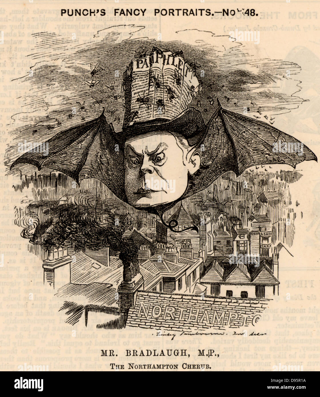 Charles Bradlaugh (1833-1891) homme politique anglais, libre-penseur et réformateur social. Des conférences sous le nom de "iconoclaste". Élu député de Northampton en 1880, refusent de prêter le serment d'allégeance et expulsé. Ré-élu et rejeté jusqu'en 1886 lorsqu'il a finalement pris le serment. Linley Sambourne Cartoon par Edward dans la série de portraits de fantaisie du poinçon de 'Punch' (Londres, 10 septembre 1881). Banque D'Images
