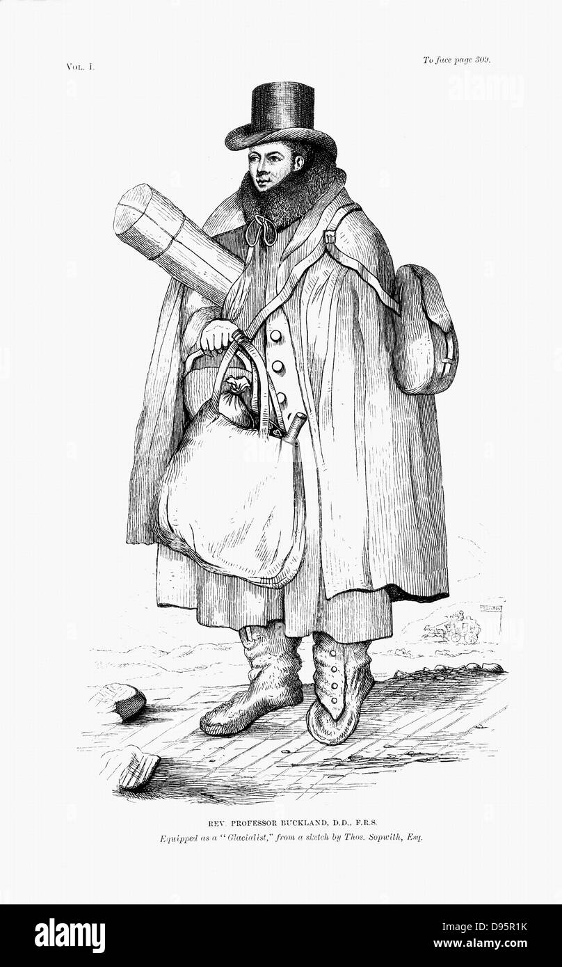 William Buckland (1784-1856) géologue britannique et membre du clergé, équipés pour naviguer sur un glacier. À partir de croquis par Thomas Sopwith. Buckland a essayé de concilier date de création à 4004 BC avec de nouvelles découvertes géologiques. D'Archibald Geike 'vie de sir Roderick Murchison I.' Londres 1875. Banque D'Images
