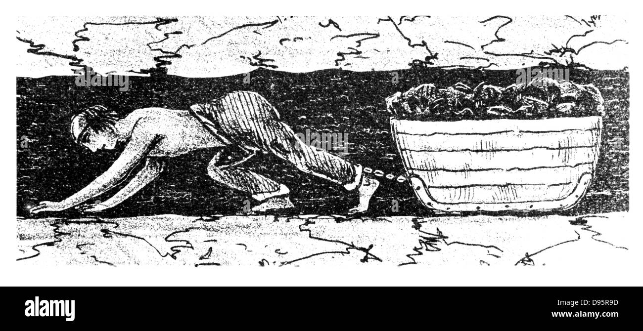 Boy 'putter' en faisant glisser un traîneau de charbon le long d'une couture étroite - Nouvelle-Galles du Sud. À partir de 'un traité sur la victoire et de travail Collieries' par Matthias Dunn, Newcastle-upon-Tyne, 1848. Banque D'Images