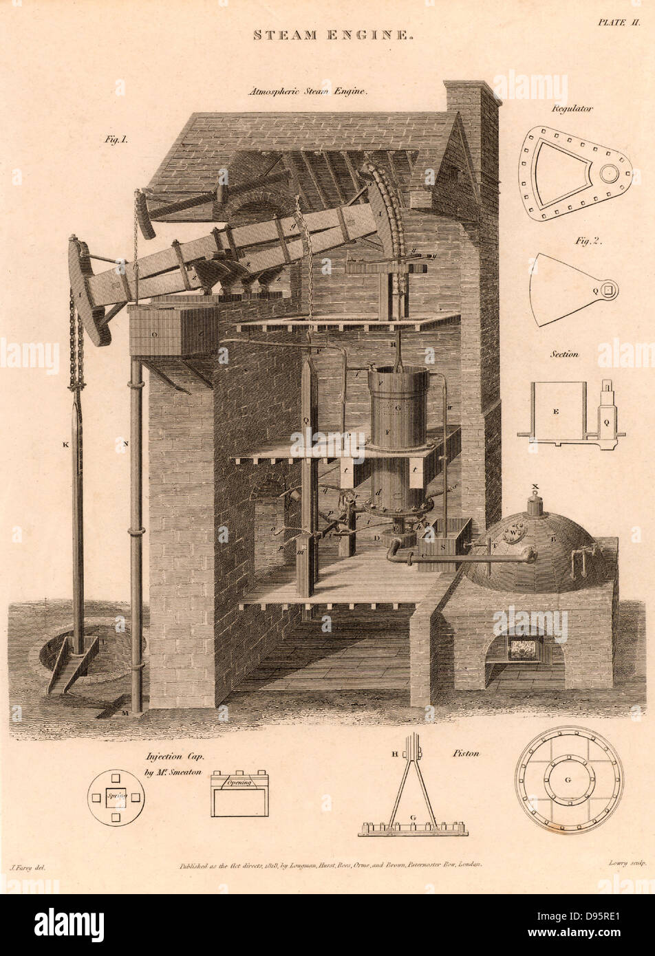 John Smeaton's (1724-1824) ingénieur civil anglais, adaptation de Thomas Newcomen (1663-1729) un moteur à vapeur. Récepteur d'accès aux empêche l'eau de condensation de la vapeur dans la culasse, F, d'atteindre la chaudière, à droite. À partir de 'la Cyclopaedia : ou, Dictionnaire universel des arts, des sciences et de la littérature', publié par Abraham Rees (Londres, 1820). La gravure. Banque D'Images