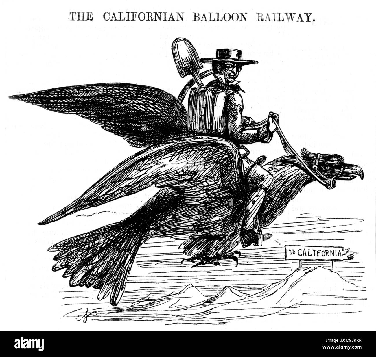 Le Californien Balloon Railway, une nouvelle façon de voyager à la ruée vers l'or californien. Caricature de 'Punch', Londres 1849. La gravure sur bois. Banque D'Images