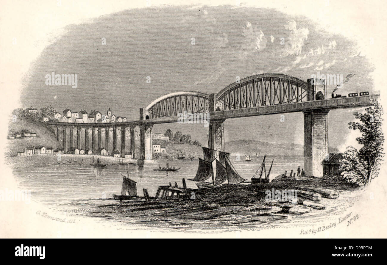 Le Royal Albert Bridge (Viaduc) à Saltash. Le pont du chemin de fer sur l'estuaire de la Tamar à Saltash et reliant le Devon et les Cornouailles, Angleterre. Inauguré par le Prince Albert en mai 1859, il s'agissait d'Isambard Kingdom Brunel's last chef-d'œuvre. Son utilisation de tubes en fer forgé préfabriqués dans ce bow-string pont était sur une échelle beaucoup plus grande que l'originalité de son pont à Chepstow. La gravure. Banque D'Images