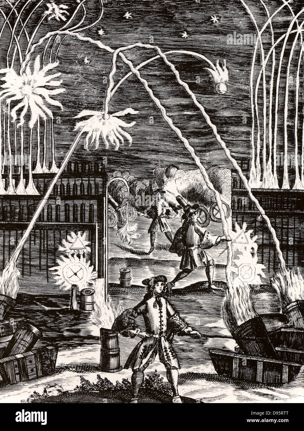 Les utilisations de la poudre y compris des mortiers, canons, roquettes et d'artifice. À partir de 'Magia naturalis' par Johannes Baptista della Porta (Nuremberg, 1715). La première édition de ce livre a paru à Naples en 1558. La gravure. Banque D'Images